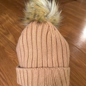 J. Crew Tan Knit Beanie with Faux Fur Pom-Pom